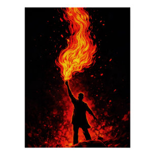 Póster Hombre sosteniendo una antorcha de fuego masiva Si