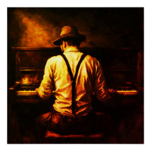 Póster Hombre tocando el piano desde detrás de pintura al
