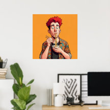 Hombre único y gracioso comiendo sus fideos alegre