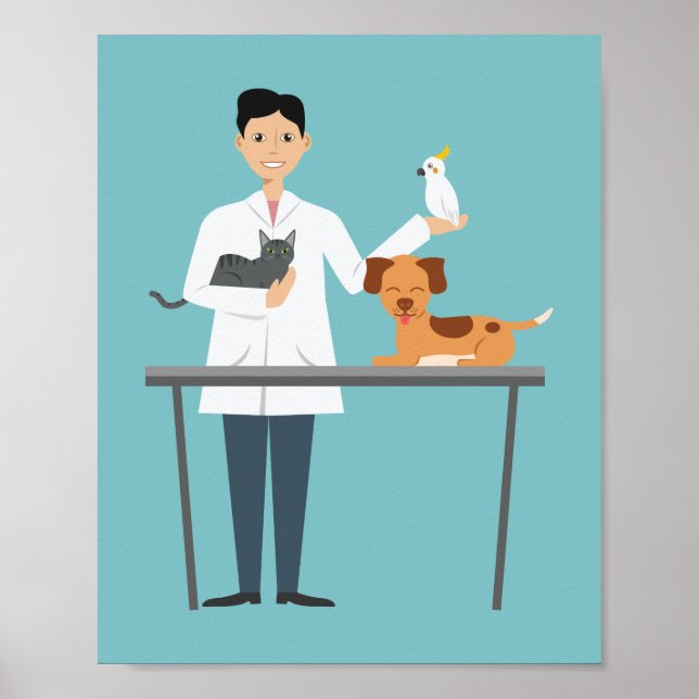 Póster Hombre Veterinario De Azul Con Ilustracion De Anim (Frente)