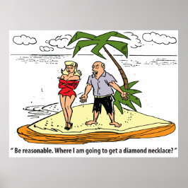 Póster Hombre y mujer en isla del desierto, divertida cos