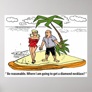 Póster Hombre y mujer en isla del desierto, divertida cos