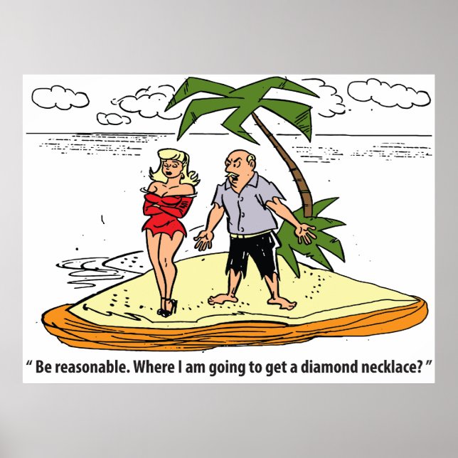 Póster Hombre y mujer en isla del desierto, divertida cos (Frente)