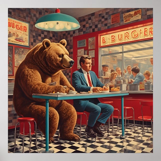 Póster Hombre y oso divertidos en retro diner (Frente)