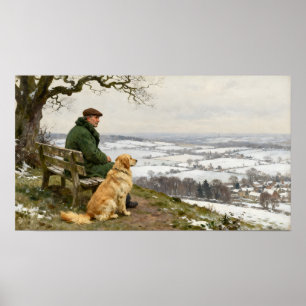 Póster Hombre y perro disfrutando del paisaje invernal de