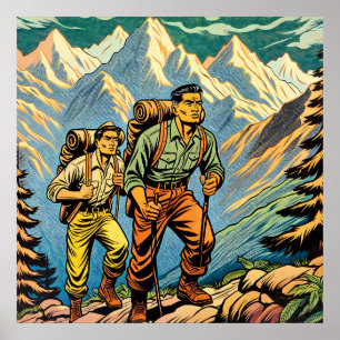Póster Hombres de mochilero senderismo a través de montañ