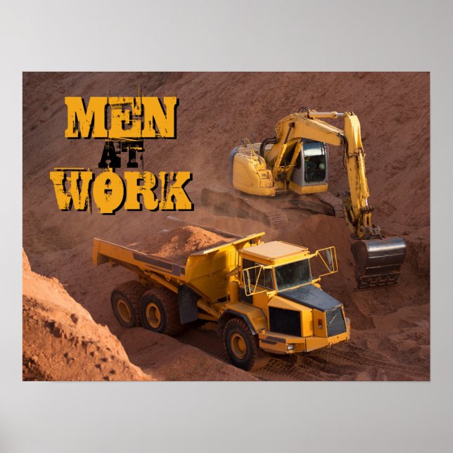 Póster Hombres en el Tractor de Trabajo y Camión Volcado (Frente)