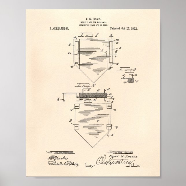Póster Home Plate Baseball 1922 Patent Art Old Peper (Frente)