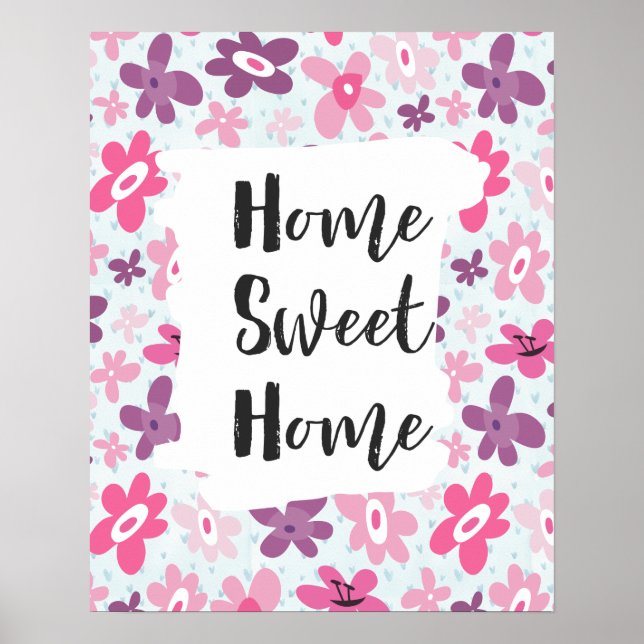 Póster Home Sweet Home Pink Flowers Cute Whimsical (Frente)