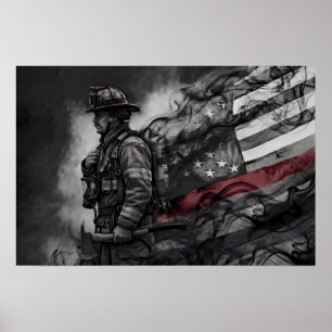 Póster Homenaje a Bomberos Línea Roja Humo Bandera Americ