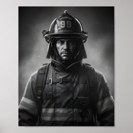 Póster Homenaje al héroe bombero en blanco y negro