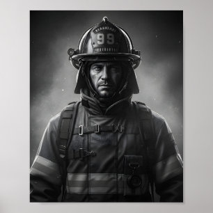 Póster Homenaje al héroe bombero en blanco y negro