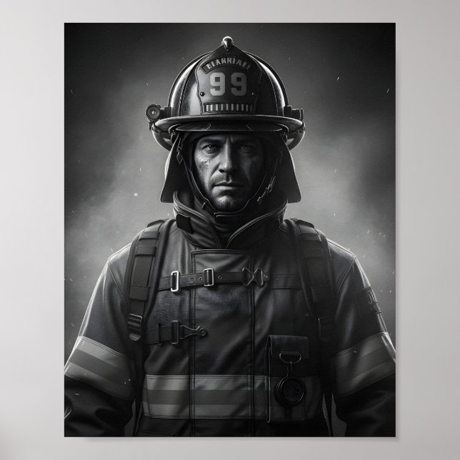 Póster Homenaje al héroe bombero en blanco y negro (Frente)
