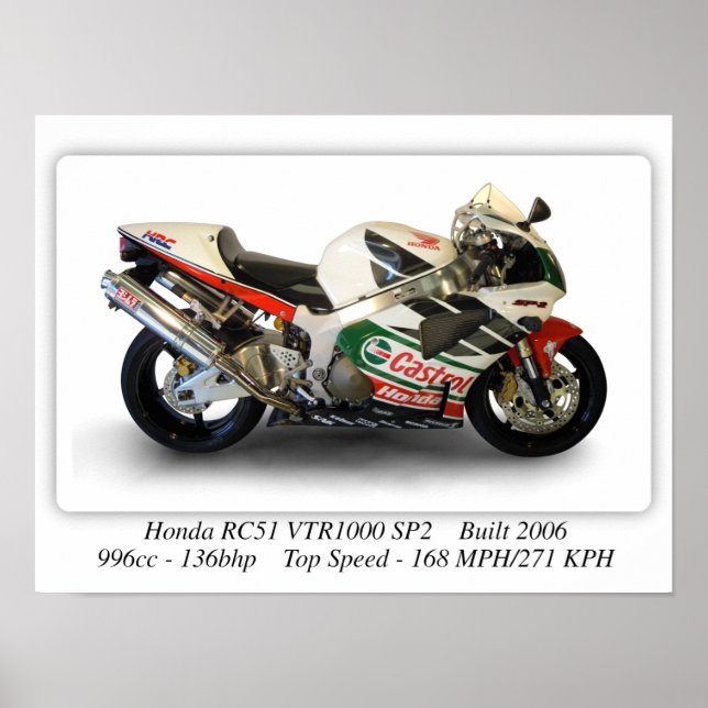 Póster Honda RC51 VTR1000 SP2 motocicleta Castrol - A3 (Frente)