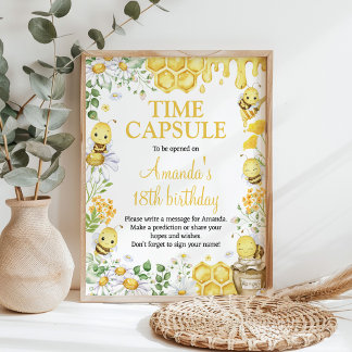 Póster Honey Bee Floral Birthday Party Time Capsule Sign