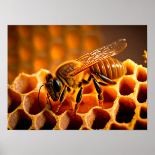 Póster Honey bee on honeycombs. Close-up view