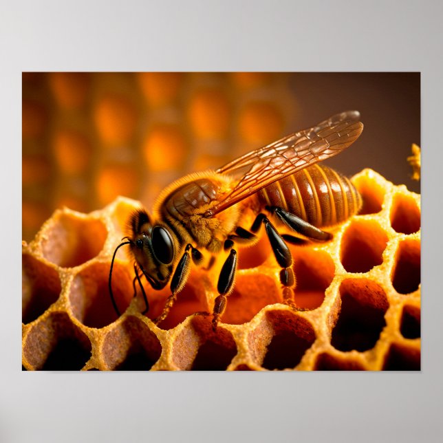 Póster Honey bee on honeycombs. Close-up view (Frente)