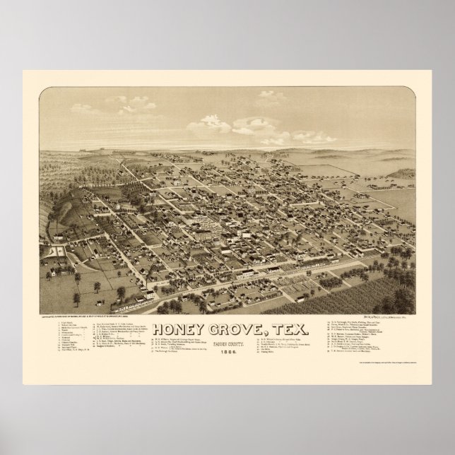 Póster Honey Grove, TX Panoramic Map - 1886 (Frente)