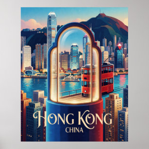 Póster Hong Kong China horizonte de Victoria Harbour viaj