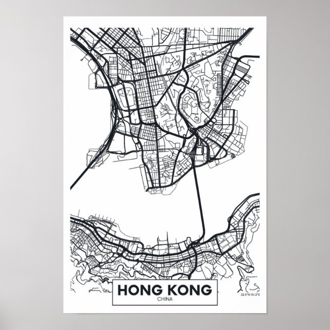 Póster Hong Kong, China | Mapa de ciudades blancas y negr (Frente)