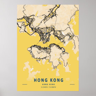 Póster Hong Kong - Mapa de la ciudad amarilla de Hong Kon