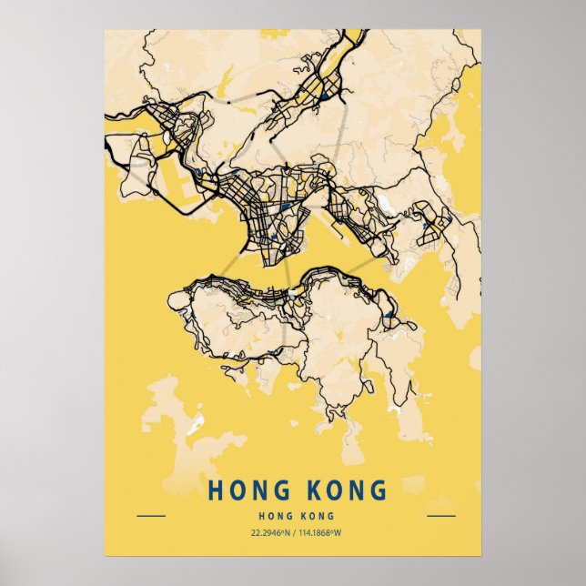 Póster Hong Kong - Mapa de la ciudad amarilla de Hong Kon (Frente)