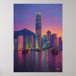Póster Hong Kong Skyline Pointillism Sunset Cityscape