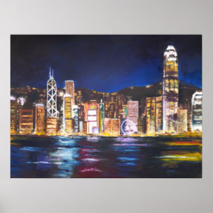 Póster Hong Kong Vitoria Harbour visión nocturna de la pi