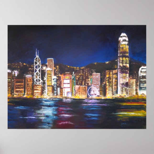 Póster Hong Kong Vitoria Harbour visión nocturna de la pi (Frente)