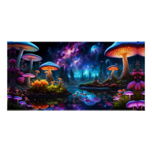 Póster Hongos alieniscentes bioluminiscentes en un planet