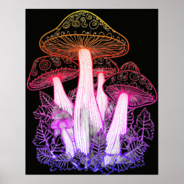 Póster Hongos Alucinógenos Fondo Negro En una Pared