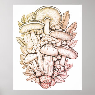 Póster Hongos alucinógenos fondo negro en una pared