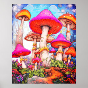 Póster Hongos Bajo un Cielo de Mañana en una Pared