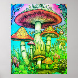 Póster Hongos caprichosos gigantes rojos y amarillos en u