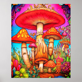 Póster Hongos caprichosos gigantes rojos y amarillos en u