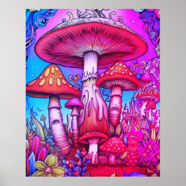 Póster Hongos caprichosos rojos + azules + rosados en una