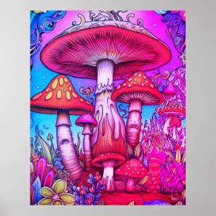 Póster Hongos caprichosos rojos + azules + rosados en una
