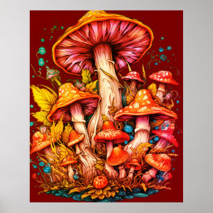 Póster Hongos con ambiente de los 70 en fondo marrón en u