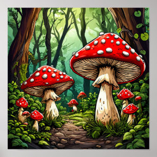 Póster Hongos de dibujos animados de cuento de hadas Bosq