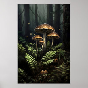 Póster Hongos en estampa de helecho musgoso, Dark Academi