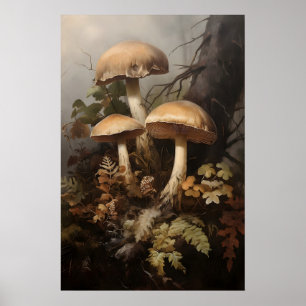 Póster Hongos en helecho musgoso, hongos del bosque caen