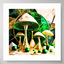 Hongos en surrealismo geométrico verde y dorado