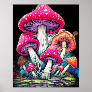 Póster Hongos Felices en un Fondo Negro en una Pared