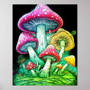 Póster Hongos Felices en un Fondo Negro en una Pared Po