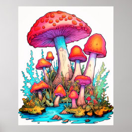 Póster Hongos Fondo Blanco Pared