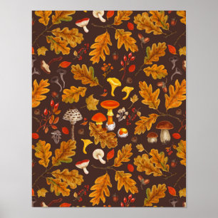 Póster Hongos forestales y flora otoñal en marrón