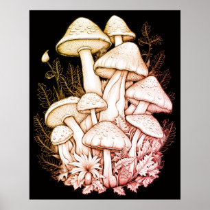 Póster Hongos Gordos Pálidos en Fondo Negro en una Pared