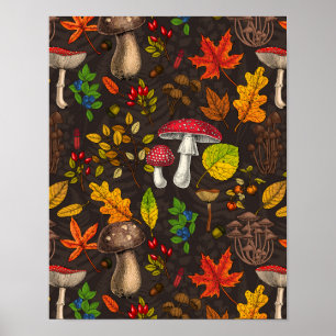Póster Hongos, hojas, nueces y bayas otoñales en la oscur