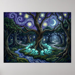 Póster Hongos Mágicos Brillantes Bosque Nocturno Estrella