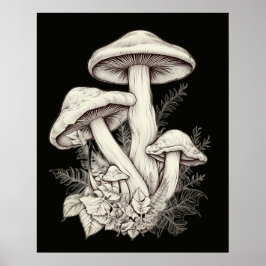 Póster Hongos Pálidos Blanquecinos Fondo Negro En una Par